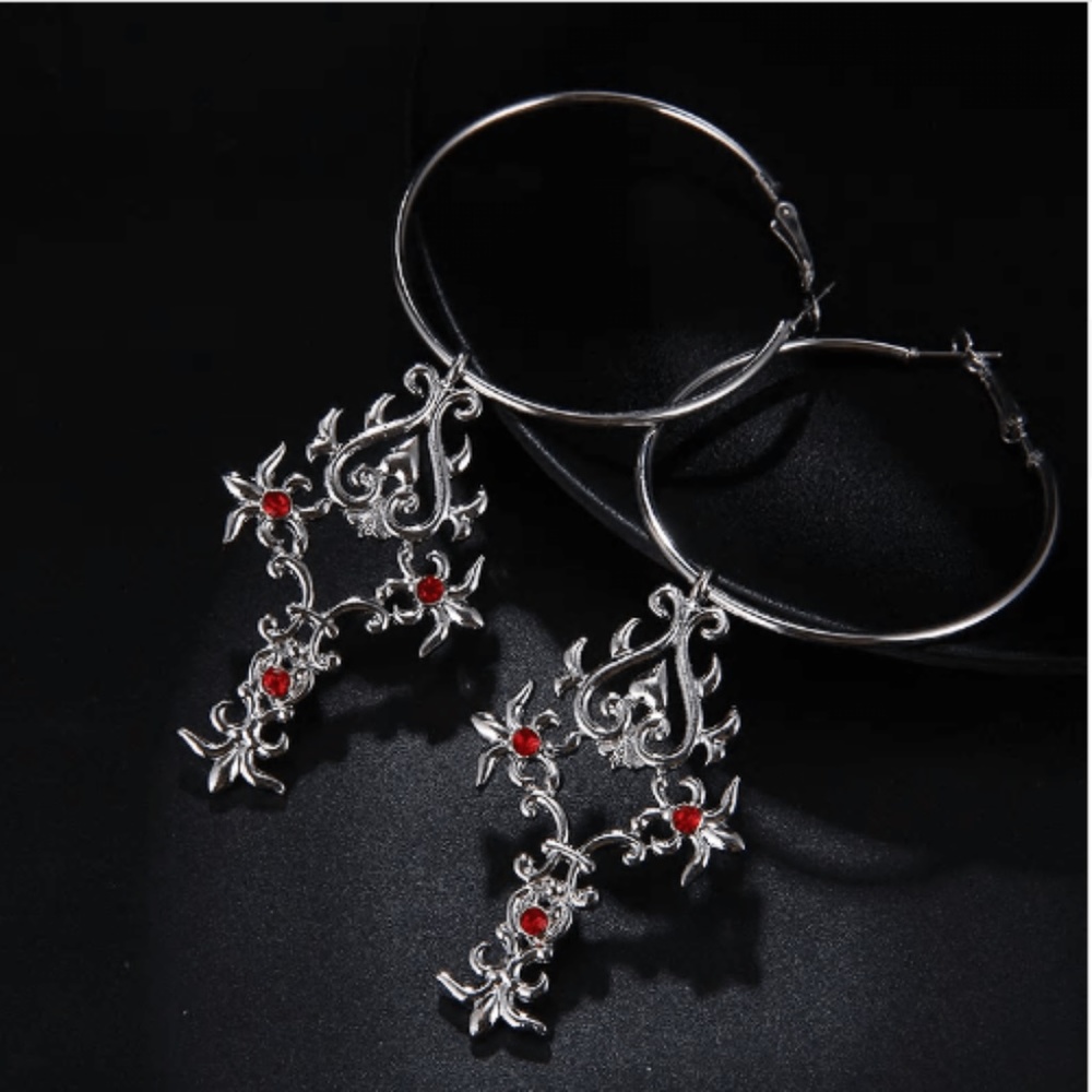 Crystal Cross Hoop Earrings Silver Tone - Picture 2 of 3